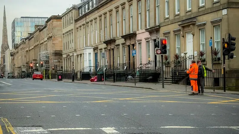 A Glasgow street lined with sandstone terraces